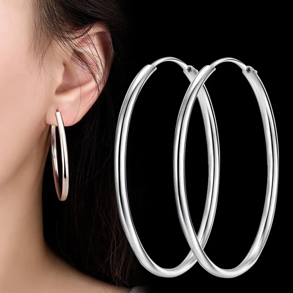 925 Sterling Silver 3mm Thick Hoop Earrings Women 3.5/5/6cm Luxury Jewellery