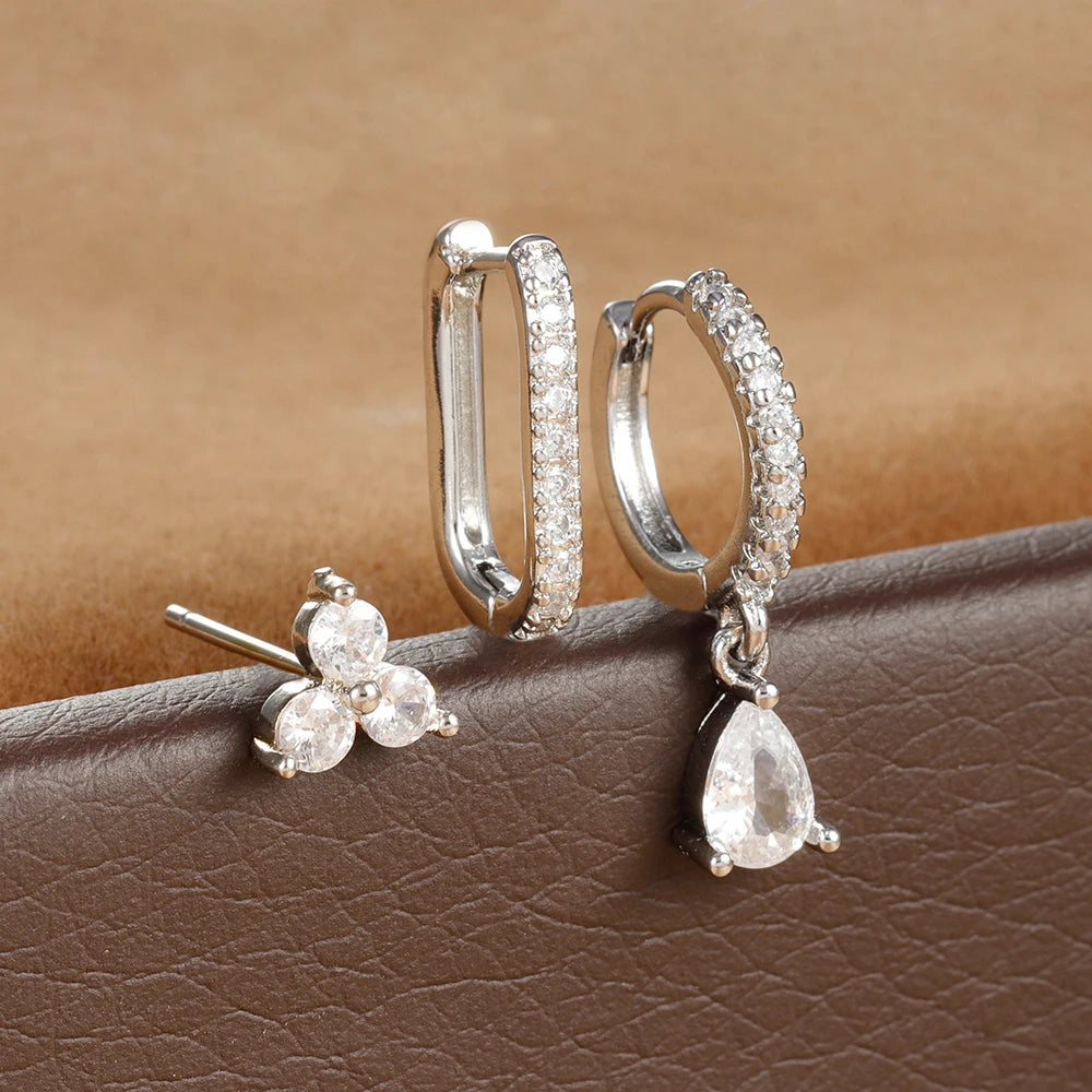 3PCS Water Drop Huggie Hoop Earrings Three-petal Flower Studs