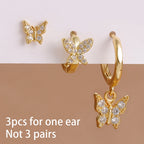 3PCS Elegant Butterfly CZ Charms Hoop Earrings Stainless Steel