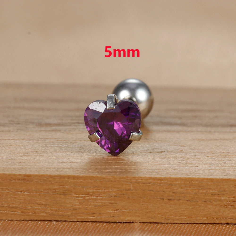1PC Fashion Zircon Heart Helix Tragus Piercing Stud Earrings Steel