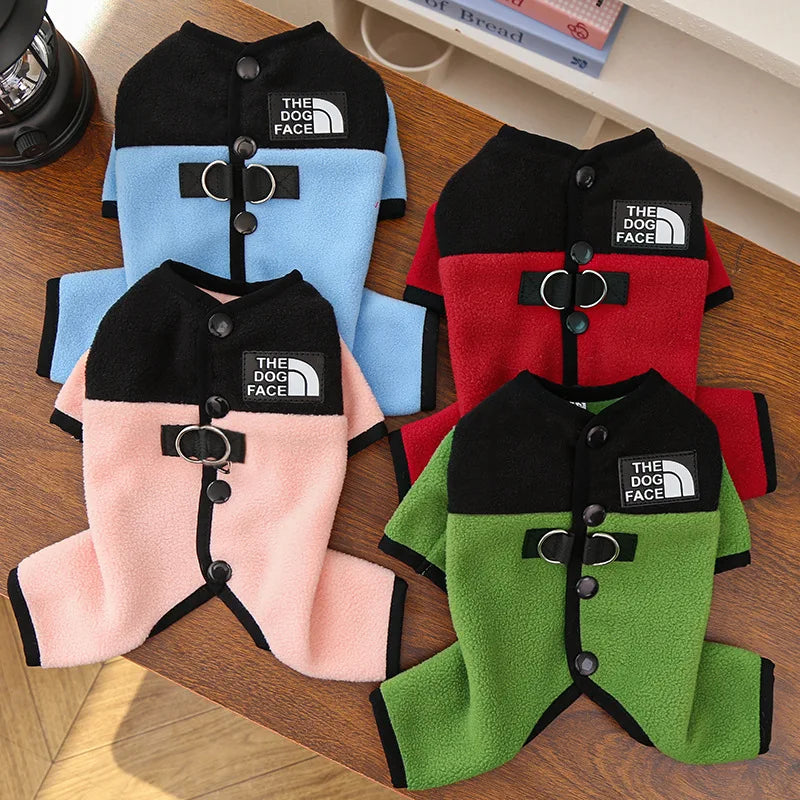 Winter Pet Clothes Leash Hook Fleece Dog Cat Pajamas Warm Cold Weather Walk