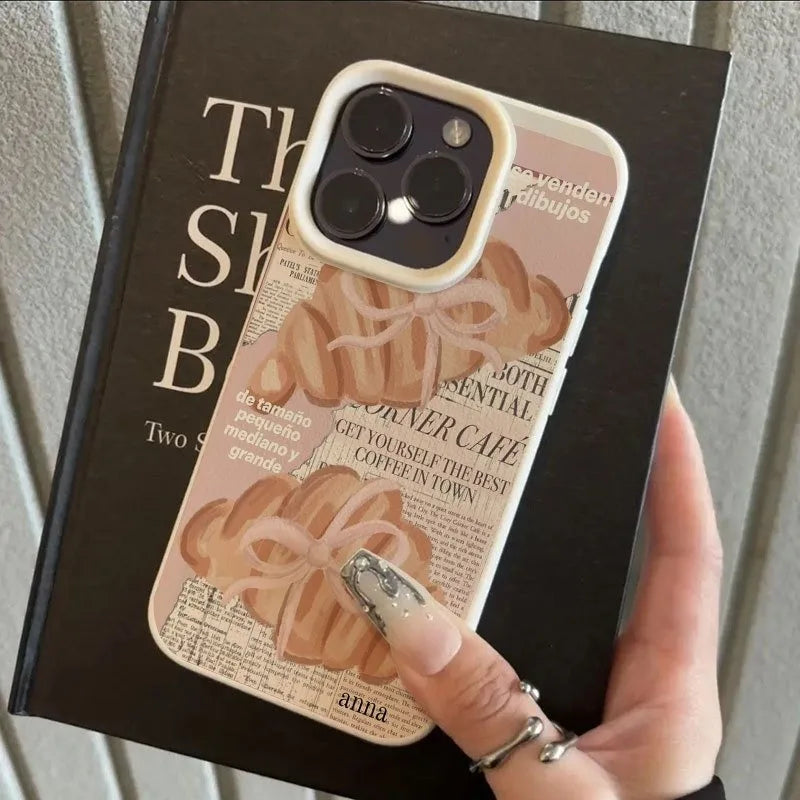 Croissant Newspaper Lychee Case for iPhone 17 16 15 14 13 Pro Max