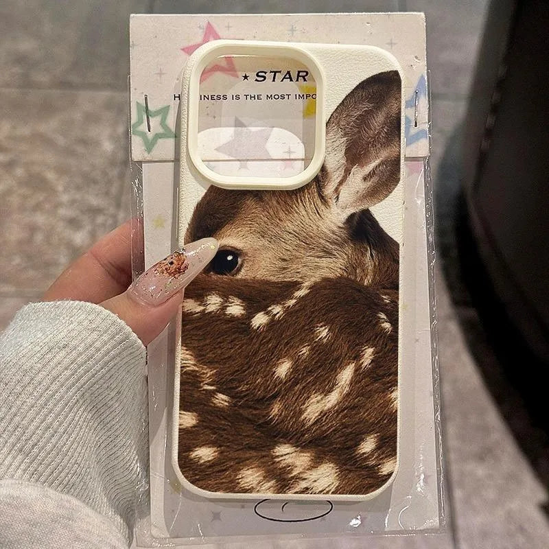 Cute Sika Deer Lychee Case for iPhone 17 16 15 14 13 12 Pro Max
