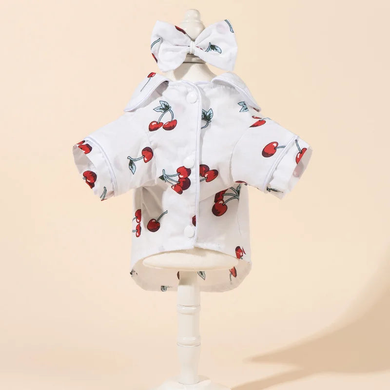 Cherry Print Cat Dog Pajamas Set Soft Warm Sleepsuit with Flower Headband