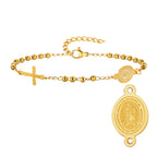 Stainless Steel Virgin Mary St Benedict Cross Bracelet, Bead Chain Bracelet Women Religious Jewelry