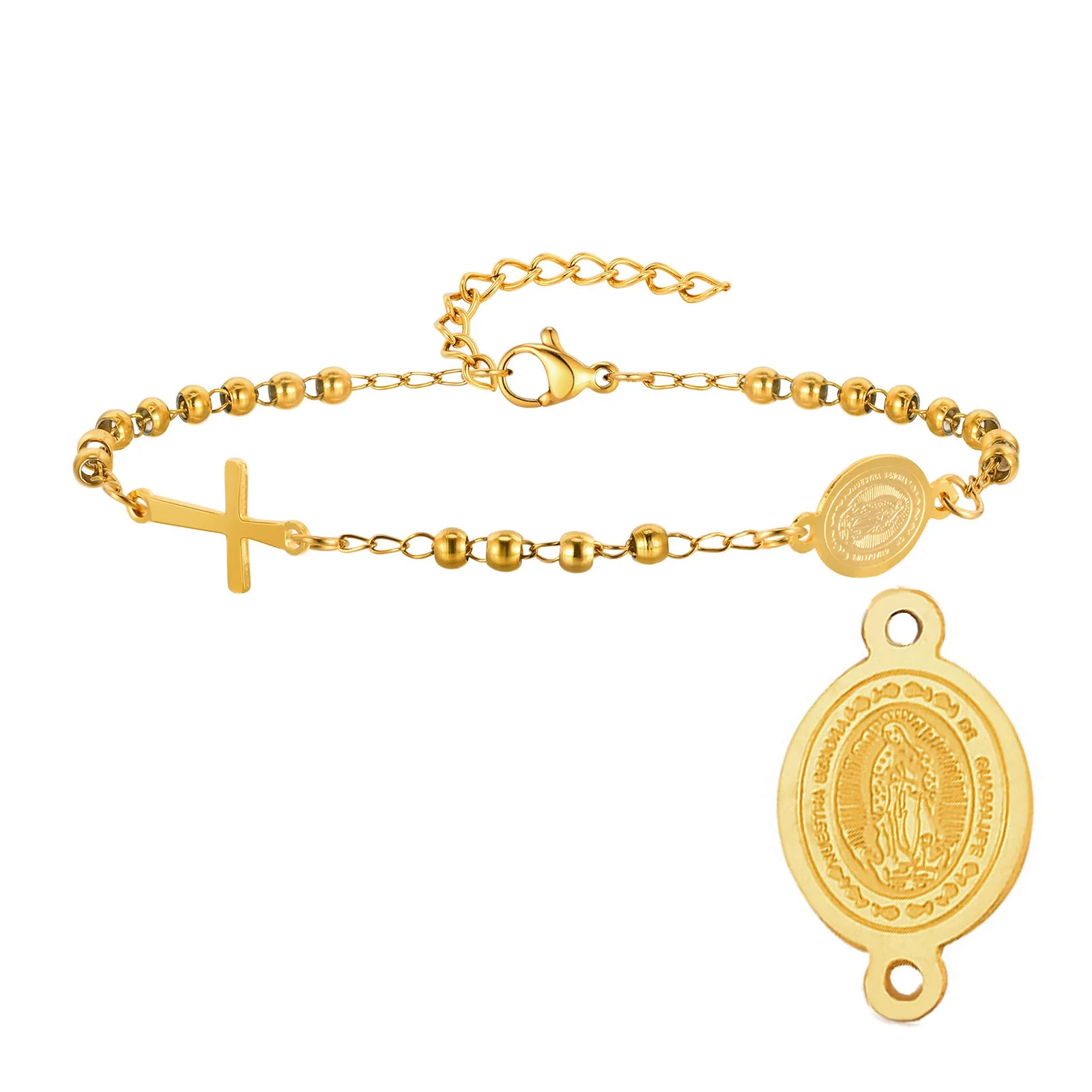 Stainless Steel Virgin Mary St Benedict Cross Bracelet, Bead Chain Bracelet Women Religious Jewelry