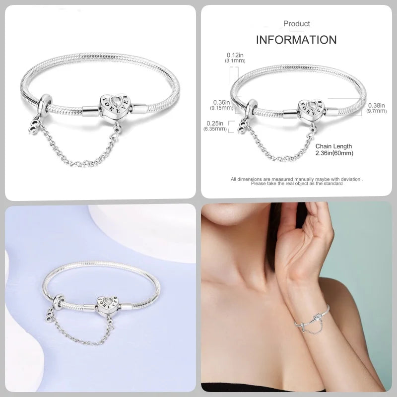 925 Silver 17-20CM Heart Pave Zirconia Original Bracelets Infinity Bracelet Fit DIY Charms Bead Birthday Jewelry Gifts Hot Sale