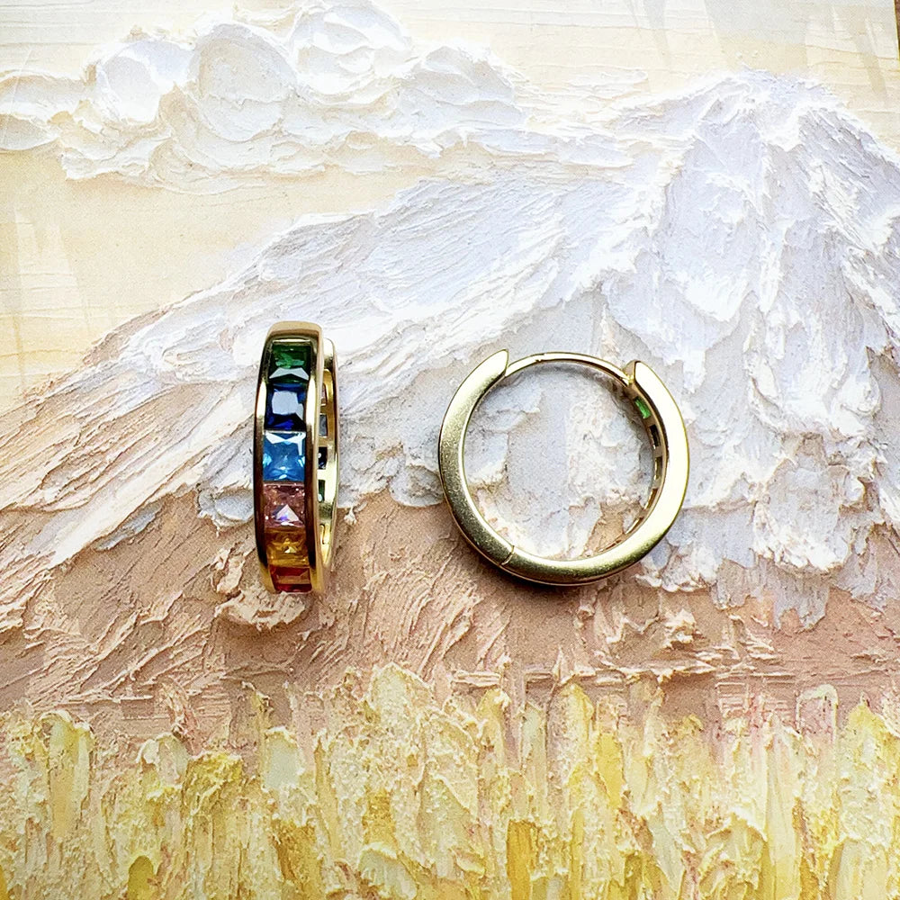 Gold Hinged Hoop Earrings Sparkling Rainbow 925 Sterling Silver Bohemia