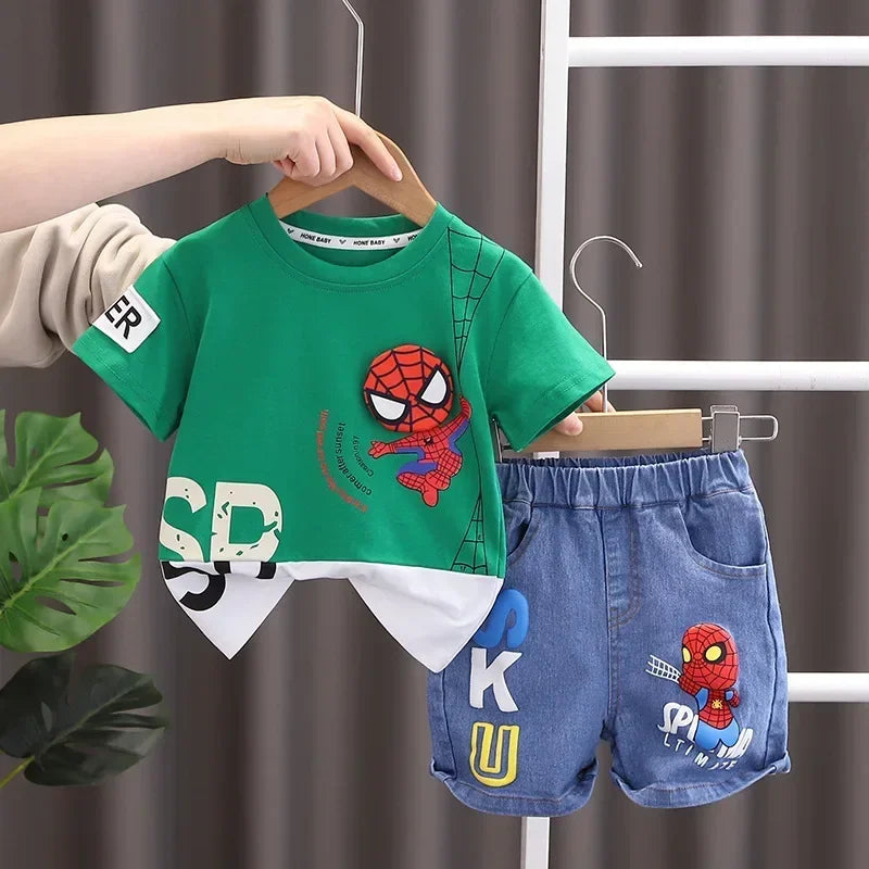 Summer Boys Spiderman Short Sleeve T-Shirt & Jeans Set Kids Fashion Clothing