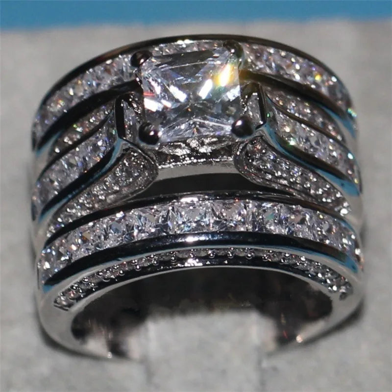 Cute Female Big Zircon Ring Set Crystal Silver Color Yellow Gold Bridal Wedding Jewelry For Women