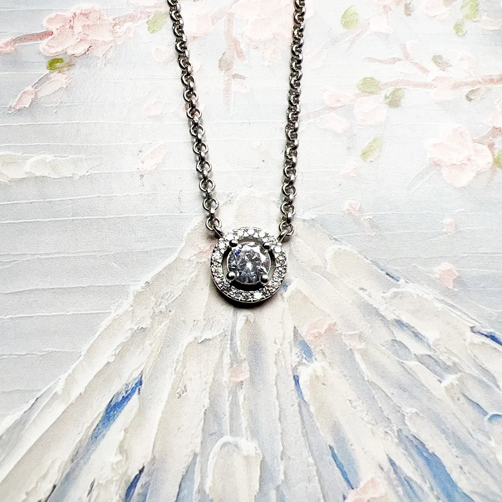 Halo Round Zircon Necklace 925 Sterling Silver Classic Fine Jewellery Gift