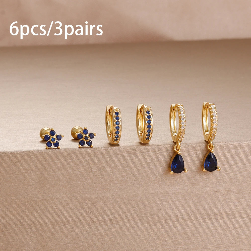 6PCS Exquisite Zircon Geometric Circle Earrings Set Gold Colour Steel