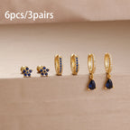 6PCS Exquisite Zircon Geometric Circle Earrings Set Gold Colour Steel