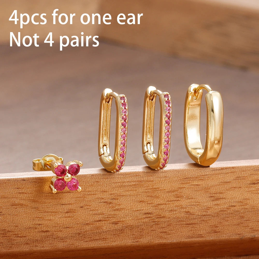 4PCS Simple Zircon U-Shape Hoop Earrings Set Stainless Steel Flower