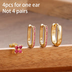 4PCS Simple Zircon U-Shape Hoop Earrings Set Stainless Steel Flower