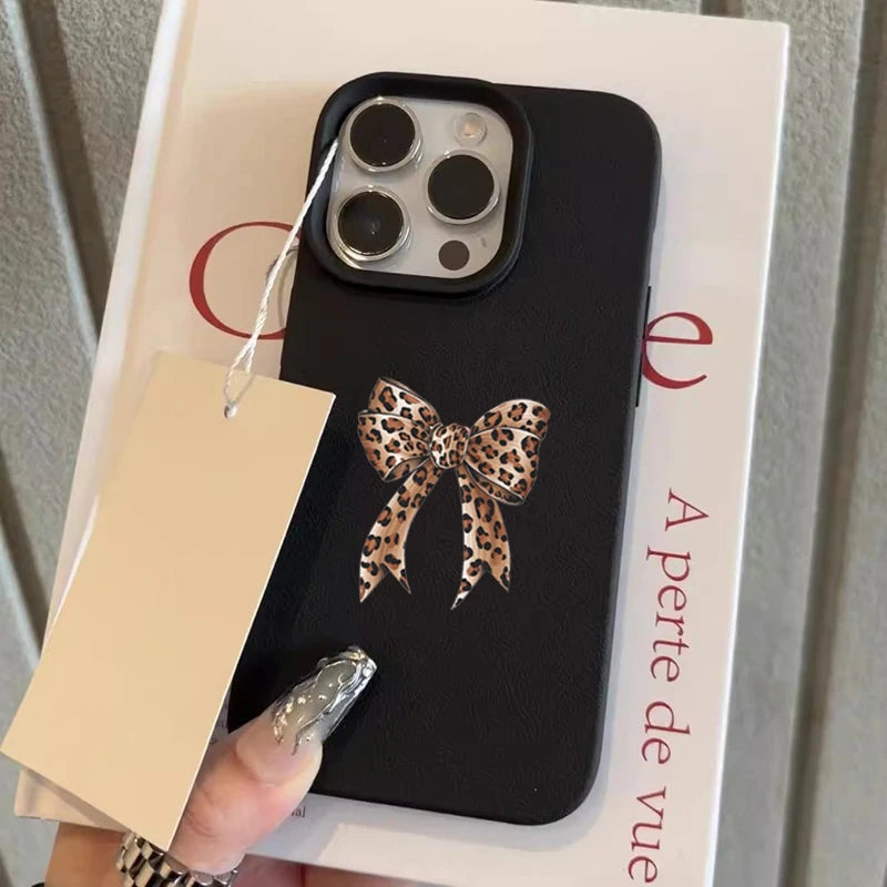 Leopard Print Bow Lychee Case for iPhone 17 16 15 14 Pro Max Plus