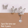 3PCS Elegant Butterfly CZ Charms Hoop Earrings Stainless Steel
