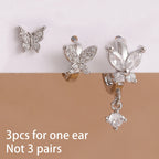 3PCS Elegant Butterfly CZ Charms Hoop Earrings Stainless Steel