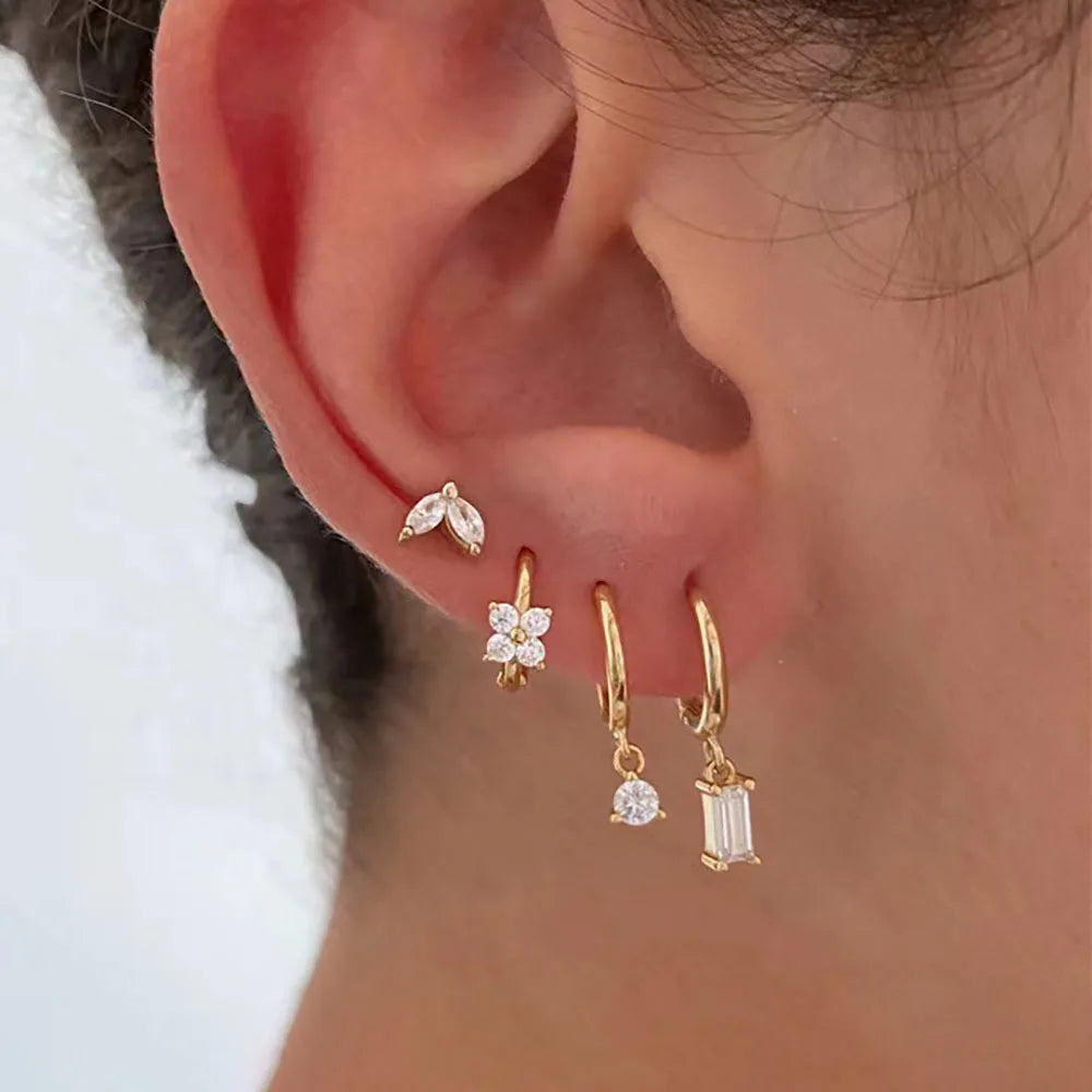 4PCS Green Crystal Zircon Stainless Steel Hoop Earrings Square Set