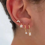 4PCS Green Crystal Zircon Stainless Steel Hoop Earrings Square Set