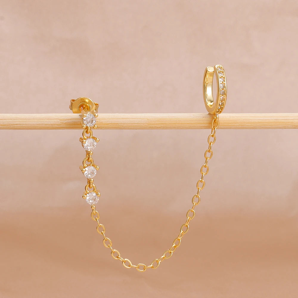 1PC Simple Stainless Steel Gold Colour Chain Tassel Zircon Stud
