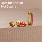 3PCS Unique Stainless Steel Earrings Set Rose Red Crystal Zircon