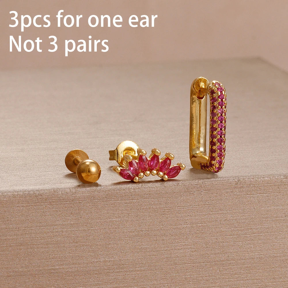 3PCS Unique Stainless Steel Earrings Set Rose Red Crystal Zircon