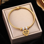 Heart Roman Numeral Zircon Bead Stainless Steel Snake Bone Bracelet