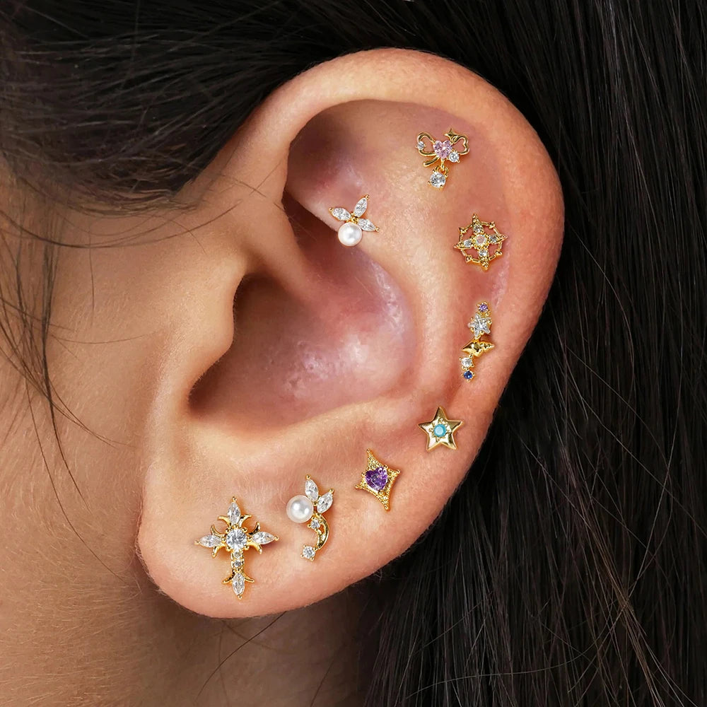 1PC Stainless Steel Mini Zircon Cross Stud Earrings Gold Helix Tragus