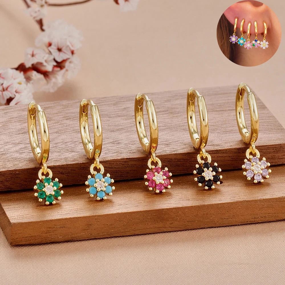 Exquisite Colourful Crystal Flower Hoop Earrings Stainless Steel
