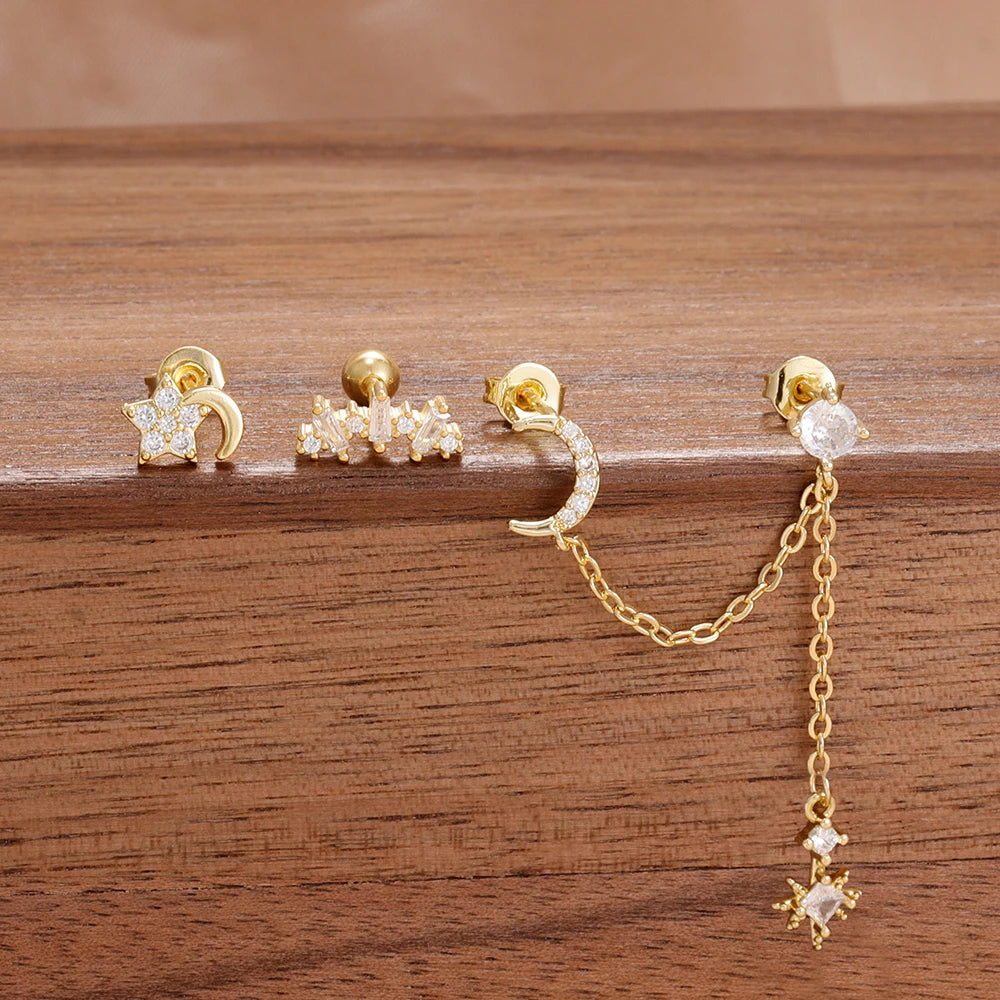 3PCS Stainless Steel Fashion Tassel Chain Stud Piercing Earrings Set