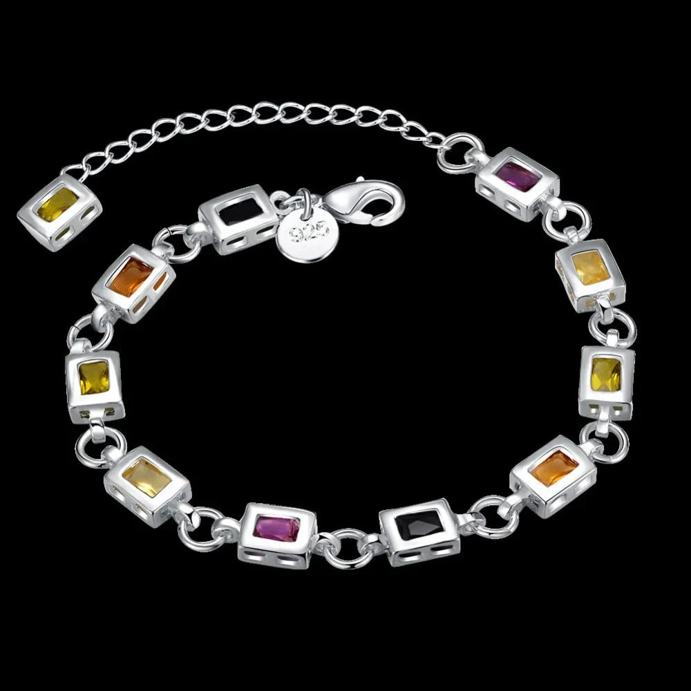 Cute Zircon Crystal Chain Bracelet 925 Sterling Silver Women Wedding Lady
