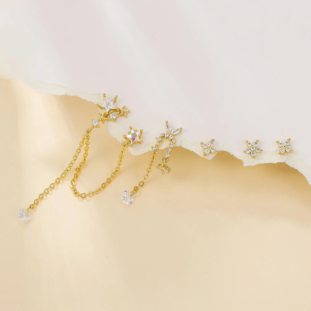 Stainless Steel Star Chain Tassel Drop Earrings 18K Gold Zircon