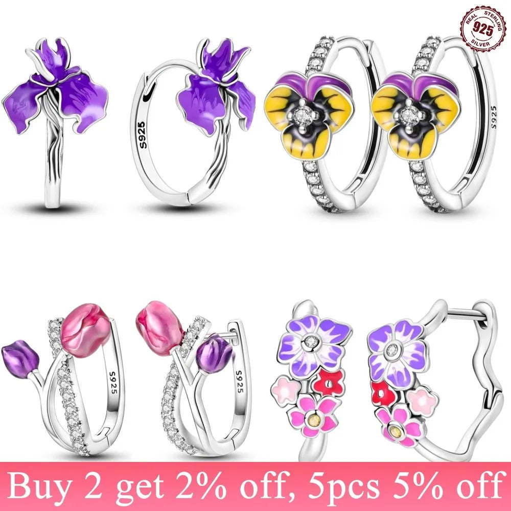 925 Sterling Silver Flower Plant Zircon Circle Hoop Earrings Jewellery Gift
