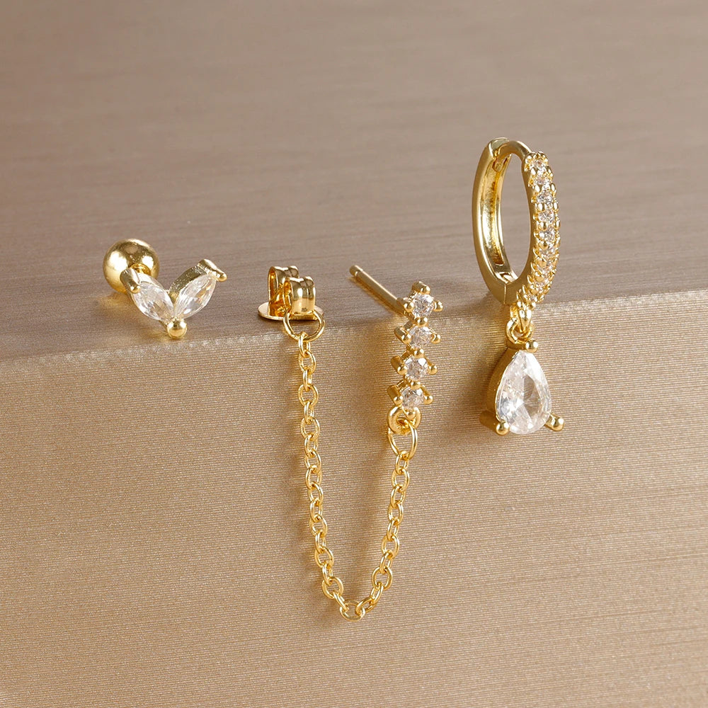 3PCS Gold Colour Chain Flower Drop Earrings Zircon Dangle Earring