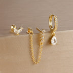 3PCS Gold Colour Chain Flower Drop Earrings Zircon Dangle Earring