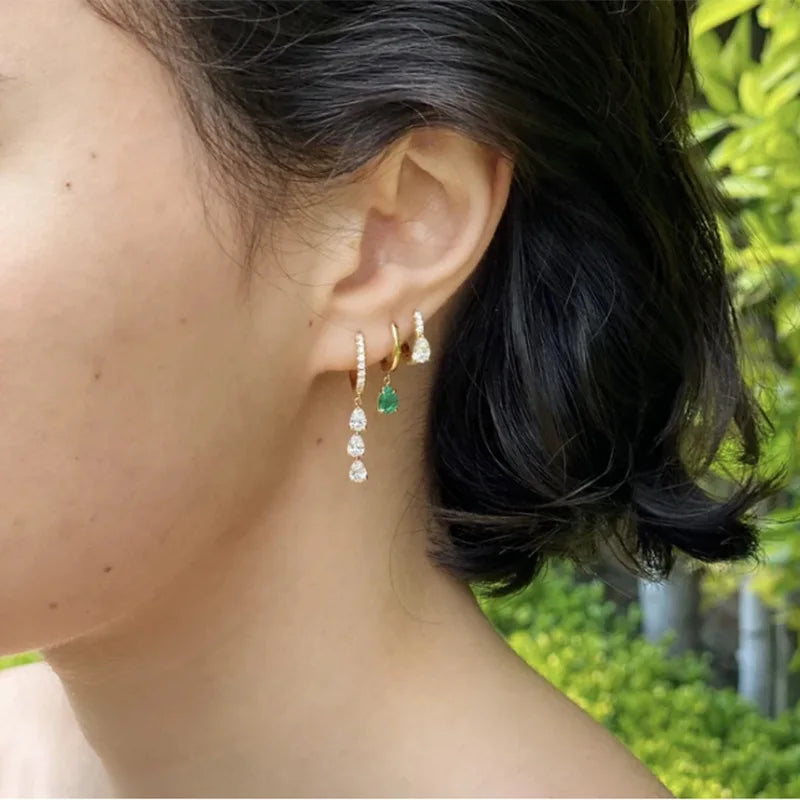 2PCS Stainless Steel Zirconia Small Hoop Earrings Water Drop Pendant