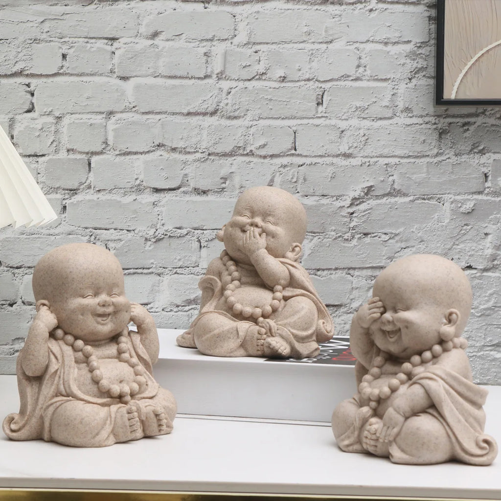 Three Wise Monks Figurines Buddhist Statue Buda Sculpture Laughing Buddha Zen Ornament