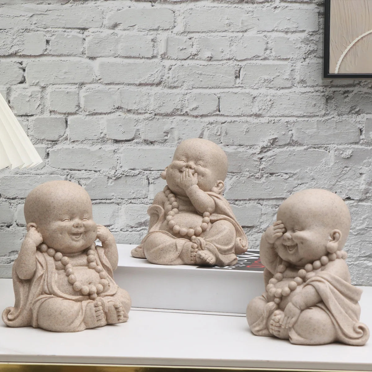 Three Wise Monks Figurines Buddhist Statue Buda Sculpture Laughing Buddha Zen Ornament
