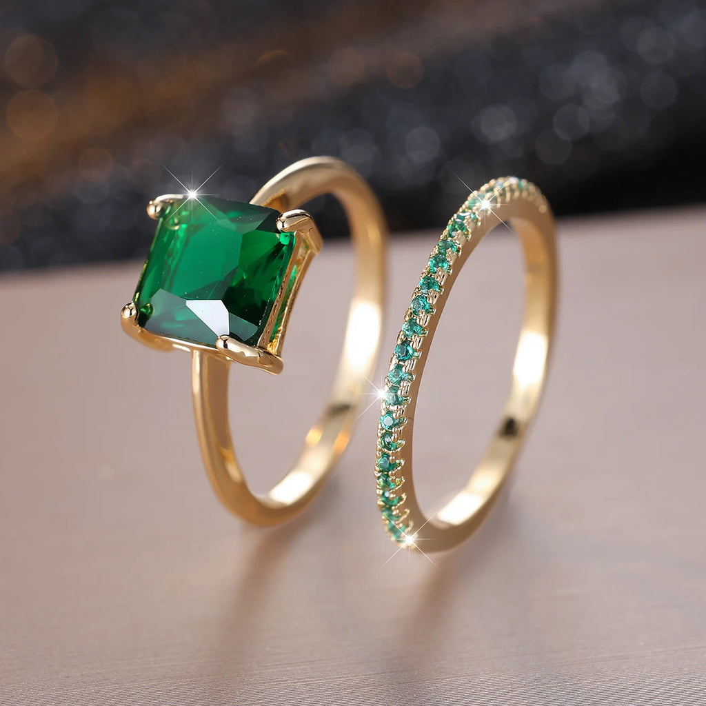 Princess Cut Red Green Stone Square Zircon Bridal Wedding Sets Gold Color Stacking Engagement Rings For Women Mothers Day Gifts