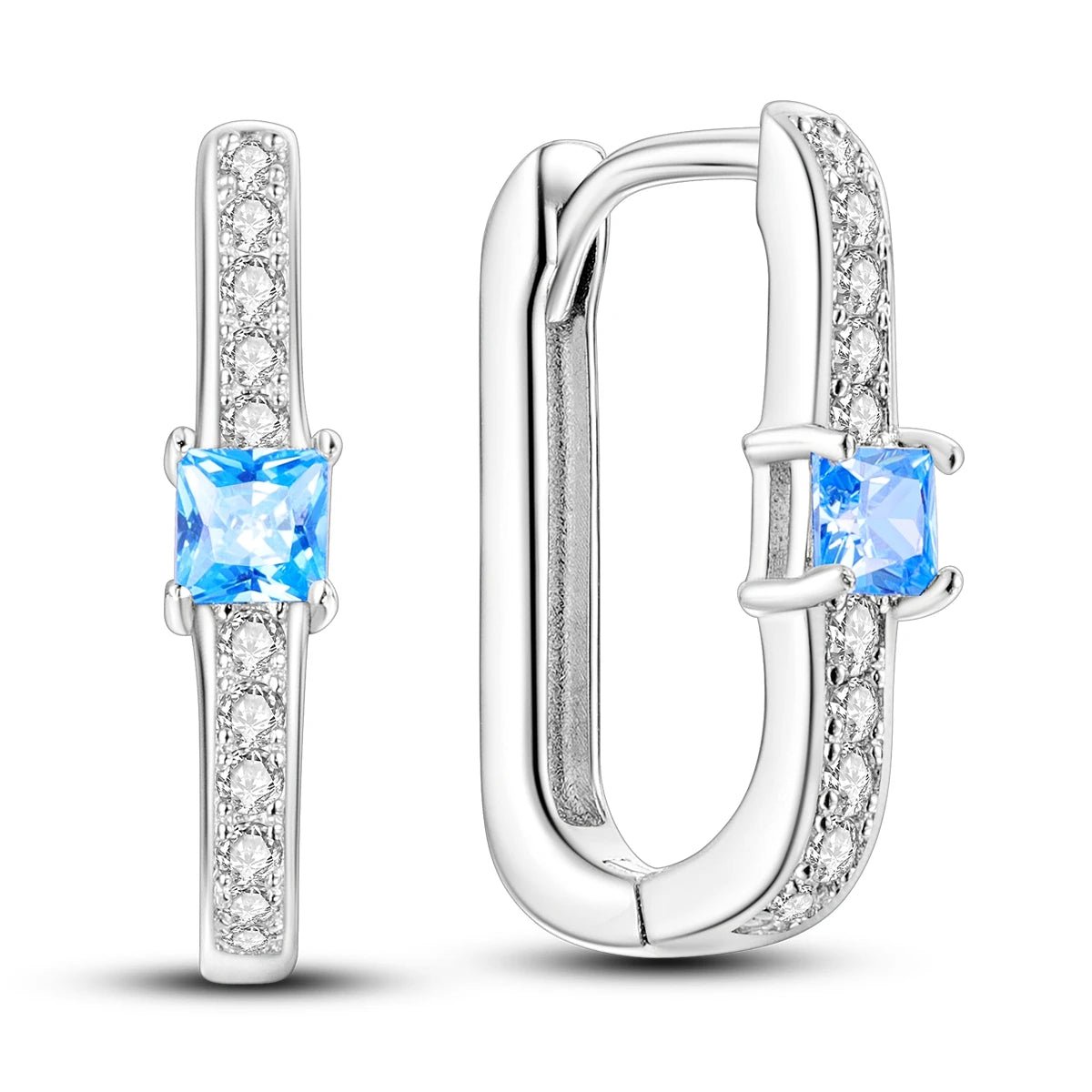 925 Sterling Silver Minimalist Blue Zircon Hoop Earrings Anniversary Gift