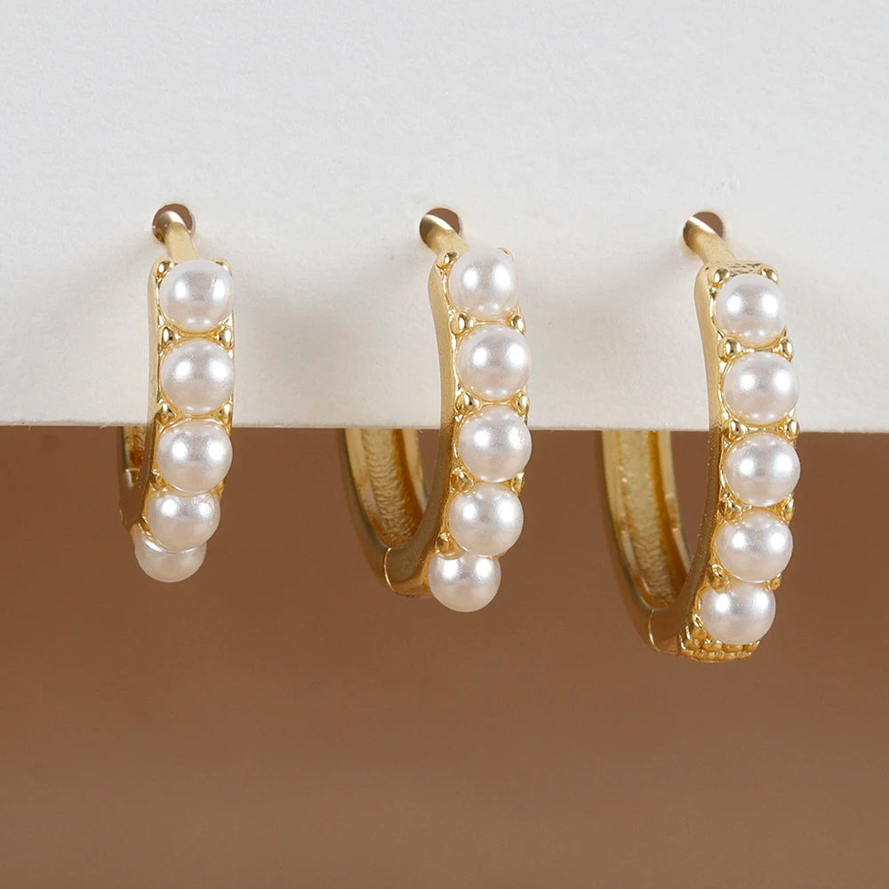 3PCS Stainless Steel Little Pearl Hoop Earrings Small Round Circle