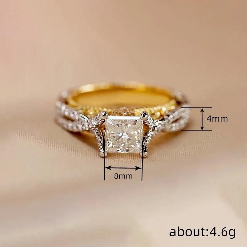 925 Sterling Silver Modern Fashion Princess CZ Two Tone Ring Luxury Bridal Wedding Statement Jewellery