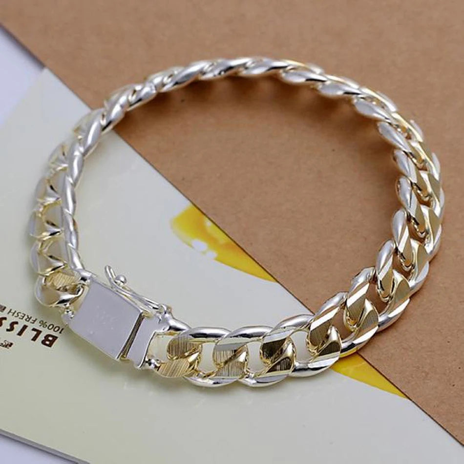 8/10mm Solid Chain Bracelet 925 Sterling Silver Men Women Noble Party Gift