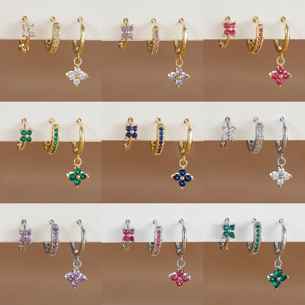 3PCS Trendy Stainless Steel Flower Drop Earring Set Zirconia Dangle