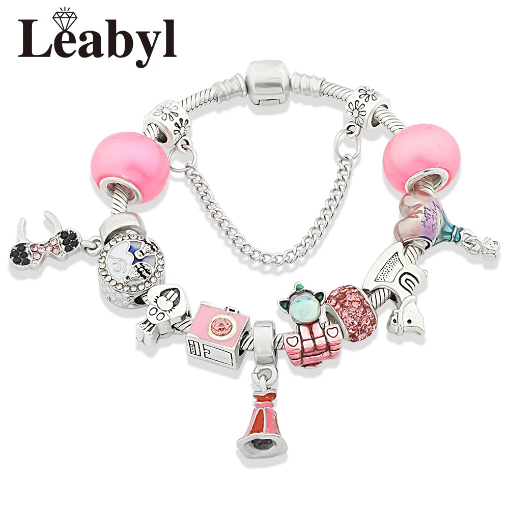 Antique Silver Castle Heart Minnie Mickey Charm Bracelet Pink Crystal Gift