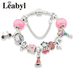 Antique Silver Castle Heart Minnie Mickey Charm Bracelet Pink Crystal Gift