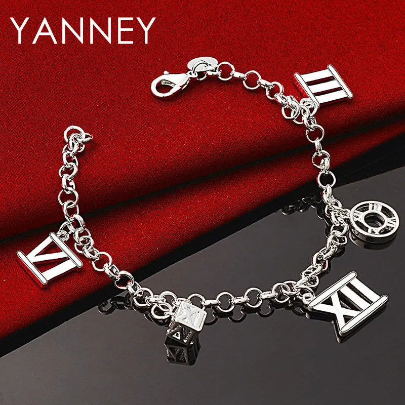 925 Sterling Silver 8-inch Roman Numerals Pendant Bracelet Women Jewellery