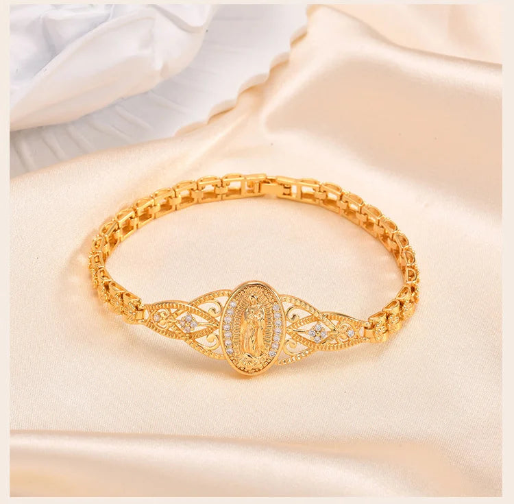 Guadalupe Virgin Mary Bracelet for Women, Zirconia Catholic Bracelet Bangle, Religious Baptism Hypoallergenic Non Tarnish