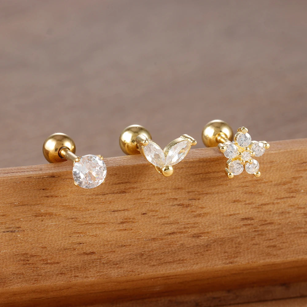 3PCS Stainless Steel Horse Eye Zircon Flowers Cartilage Piercing